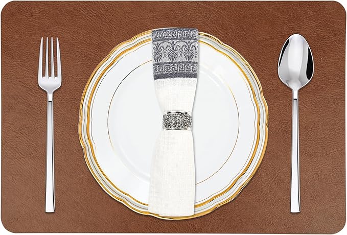Cowhide Pattern Faux Leather Placemats Set of 6,Heat Resistant Non-Slip Waterproof Wipeable Washable Kitchen Dining PU Table Place Mats,Double-Sides Available,Dark Coffee