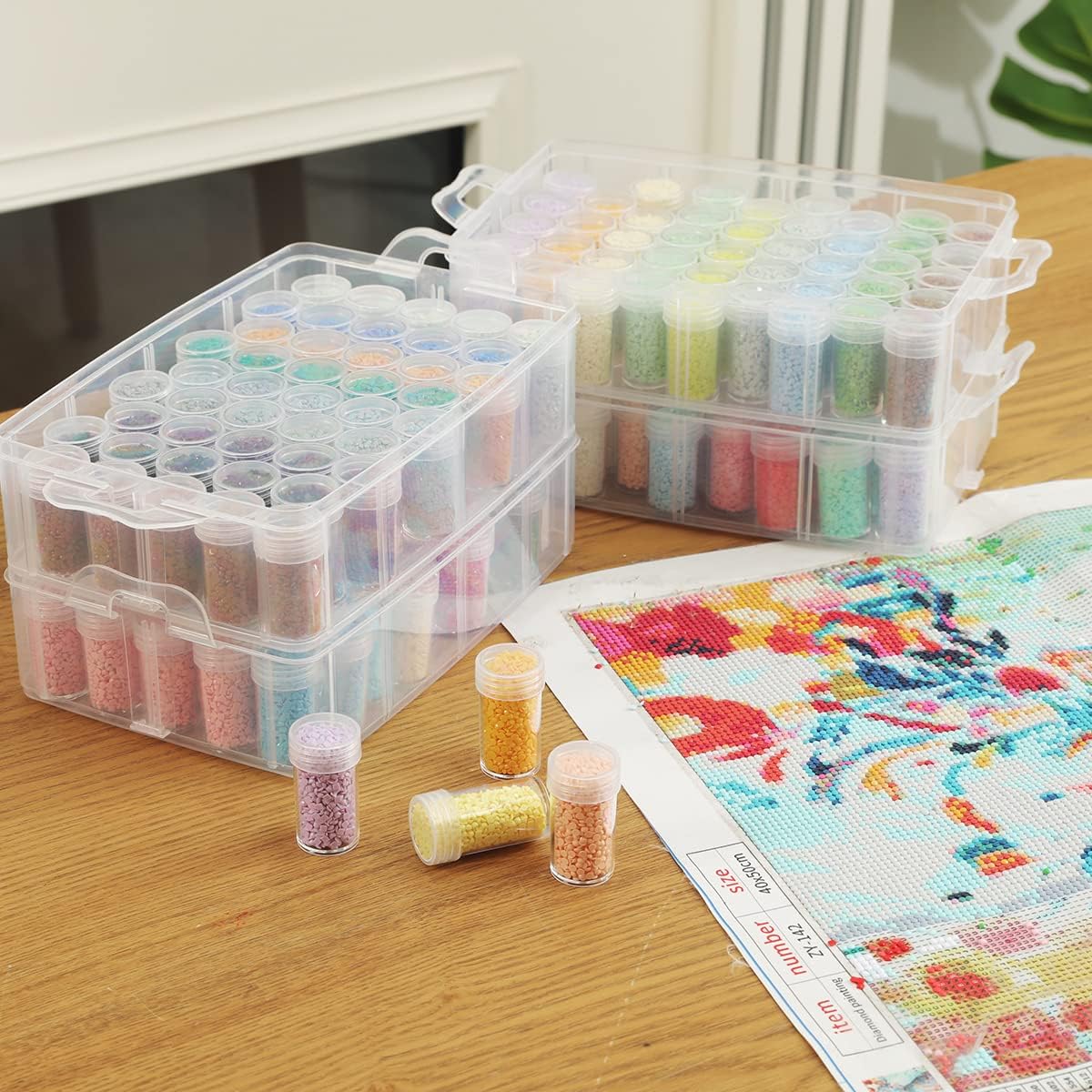 Douorgan 4-Tier Diamond Painting Storage Containers Portable Bead Organizer and Storage Box Stackable Arts & Crafts Organizers for Nail Charms Seed, 176 Round, Funnel, Stickers
