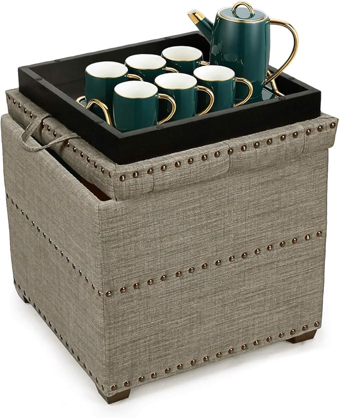 Adeco 18 Inch High Cube Ottoman Storage, Linen Grey Chair Foot Stools with Tray, Upholstered Vanity Stool