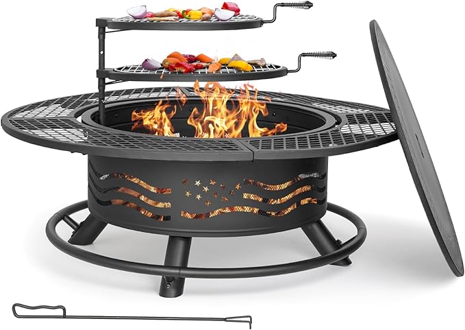 47 Inch Fire Pit with 2 Cooking Grates, Outdoor Wood Burning BBQ Grill Firepit Bowl with Cover Lid, Steel Round Table for Backyard Bonfire Patio Picnic (Black, 47IN)