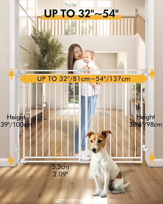 Baby Gate for Stairs Doorways & Kitchen, Extra Wide 32"-54" W x 39" H Extra Tall, No Bottom Bar Dog Gate, One-Handed Auto-Close, Hardware Mount Safety Gate for Dogs & Toddlers, White