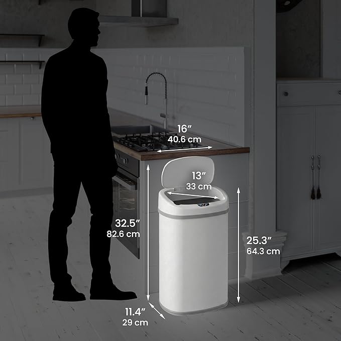 iTouchless 13 Gallon Automatic Sensor Trash Can with Lid, AbsorbX Odor Control System, Chalk White Stainless Steel Kitchen Garbage Bin, Fingerprint-Proof, Hands-Free Operation, Oval