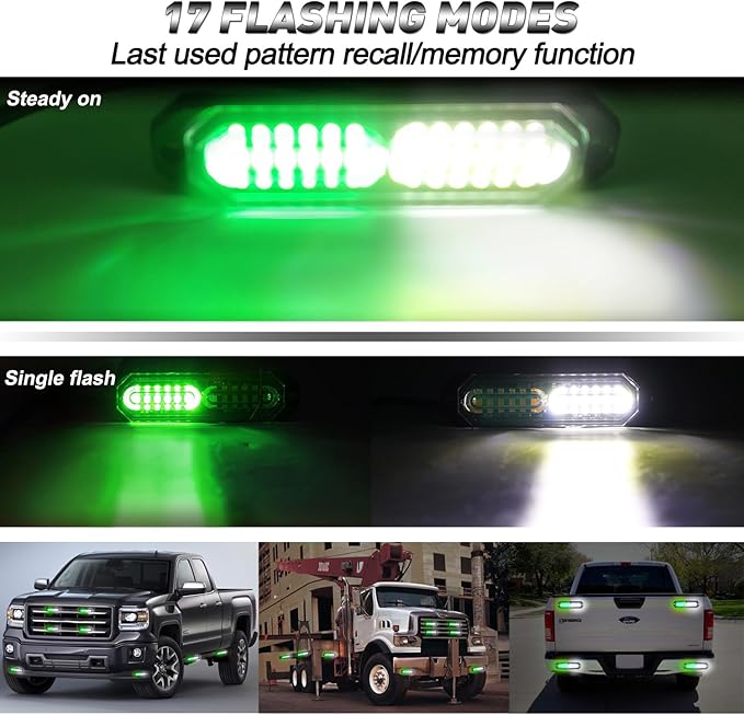 ASPL 8pcs Sync Feature Ultra Slim 12-LED Surface Mount Flashing Strobe Lights for Truck Car Vehicle LED Mini Grille Light Head Emergency Beacon Hazard Warning Lights (Green/White)