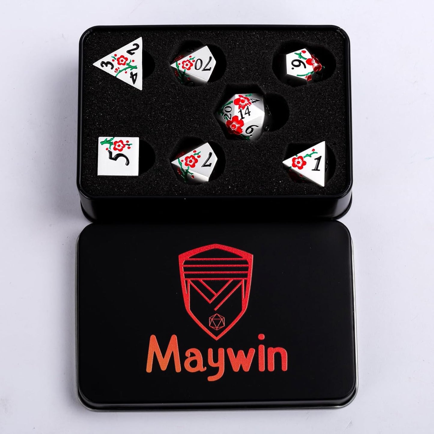 Metal Dice Set D&D, 7 PCS Flower Metal DND Polyhedral Dice Set with Box for Dungeons and Dragon Tabletop Game (Silver-red-Green)