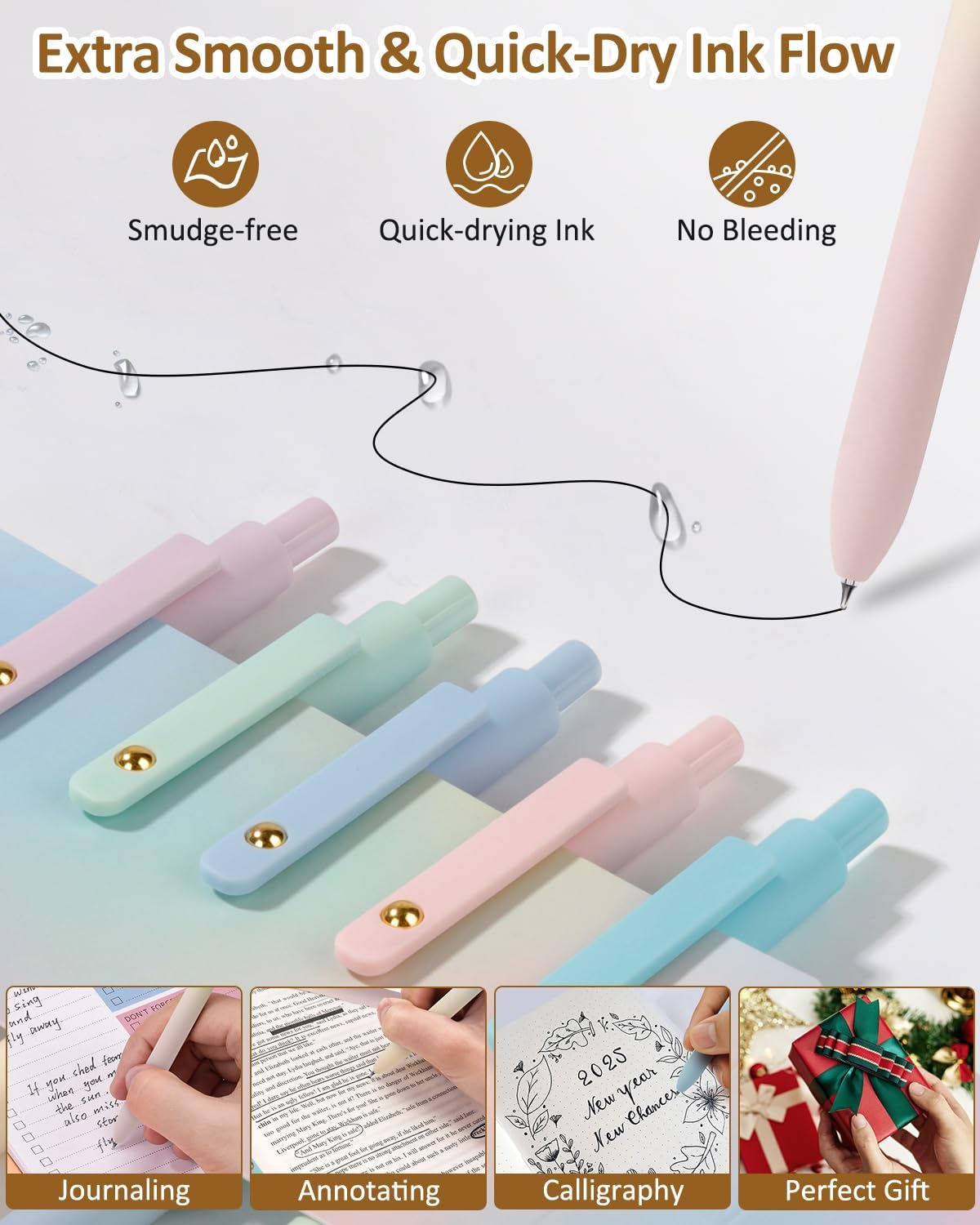 FIOVER Gel Pens, 6 Pcs 0.7mm Comfort Grip Quick Dry Black Ink Pens Fine Point Smooth Writing Pens, Cute Office Back to School Supplies Gifts for Women (6PCS Gradient Black Ink)