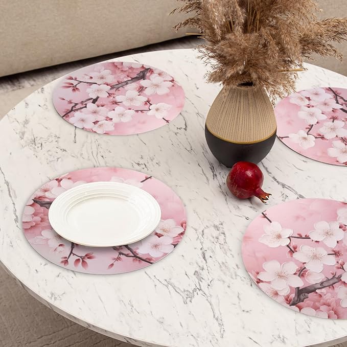 Round PU Leather Placemats Set of 4,Pink Cherry Blossoms Flowers Ding Round Table Placemat Easy to Clean Heat-Resistant Waterproof Non-Slip Place Mats for Party Coffee Bar,13inch
