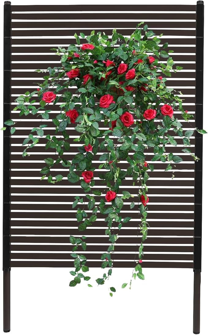 Outdoor Freestanding Privacy Screen, 43" W x 59" H Metal Slatted Decorative Panel With Stand, Brown Backyard Screen for Garden Patio
