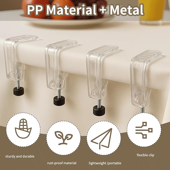 12 Pieces Adjustable Tablecloth Clips, Suitable for Tables 0.4 to 1.96 Inch Thick. Strong and Stable Grip to Prevent Tablecloth Slippage. Damage-Free Table Cloth Holder Clips, Easy to Install.
