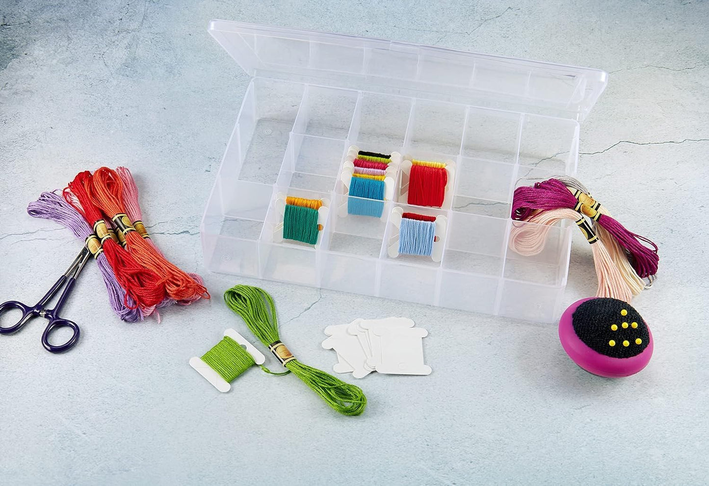 Embroidery Floss Organizer Box with 50 Cardboard Bobbins - 17 Compartments Clear embroidery thread organizer box, Snap-Tight Clear Sewing Organizer - Jewelry Bead Holder (Made in USA)