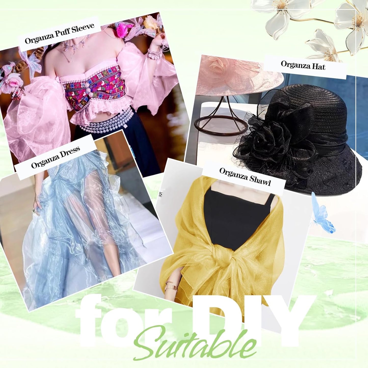 VACVELT Sheer Organza Fabric by The Yard, 60 Inch Wide White Organza Fabric Bolt Bridal Sheer Tulle Fabric, Silk Organza Fabric Roll for Wedding Party Decorations Backdrop Curtain (2 Yards)