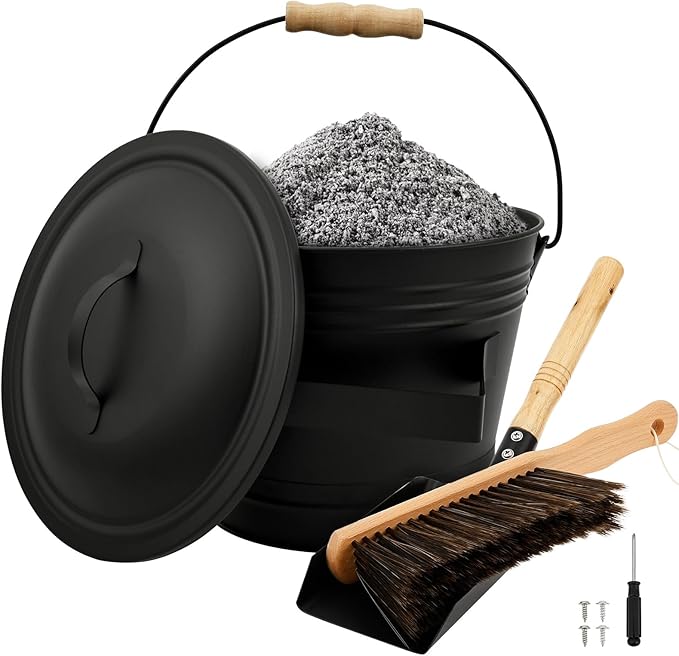1.5 Gallon Ash Bucket with Lid and Shovel Broom Metal, Fireplace Ash Bucket, Complete Fireplace Tools Set for Fire Pit Grill Black(3 Pcs Set)