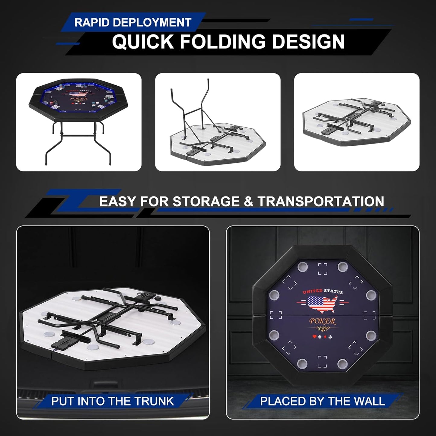 LED Poker Table Foldable, Octagon Casino Leisure Gamimg Table for 8 Player, Folding Texas Holdem Blackjack Table w/Built-in LED Light, Padded Rails & Cup Holders for Home Game Room