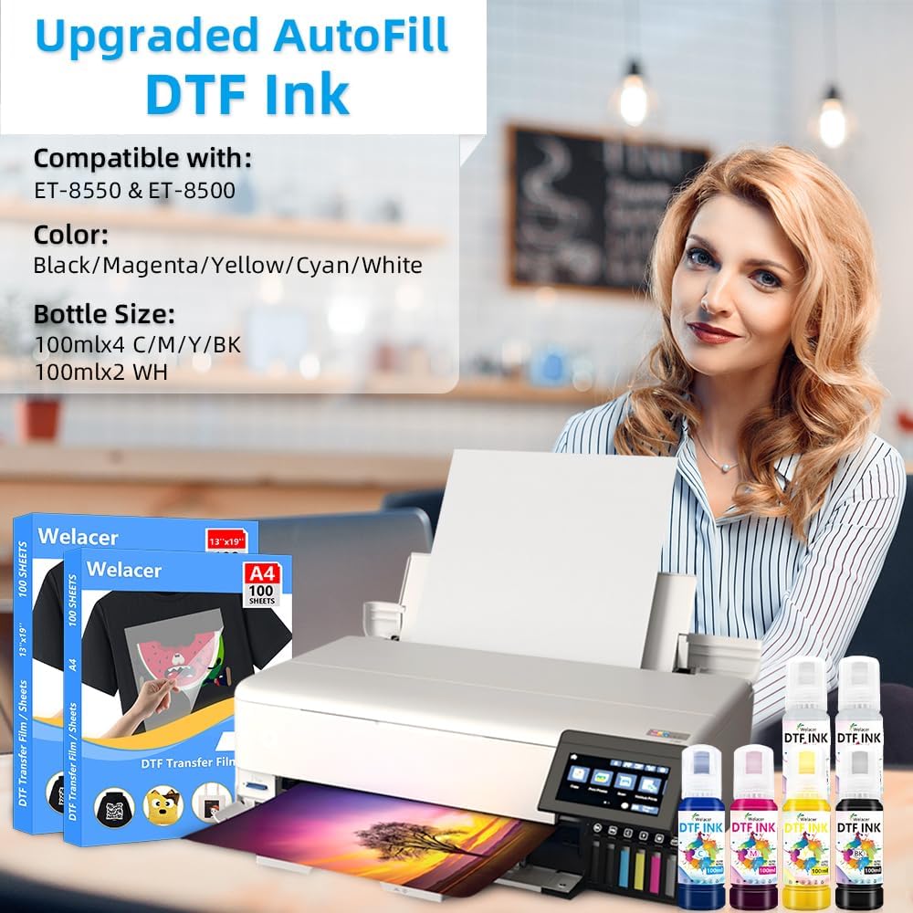 Upgraded Auto-Fill DTF Ink for ET-8550, ET-8500, 100mlx6 Heat Transfer Ink Conversion Kit, High Density Pigment Ink - Compatible with All DTF Films&Printers(Anti-UV, ICC-Free)