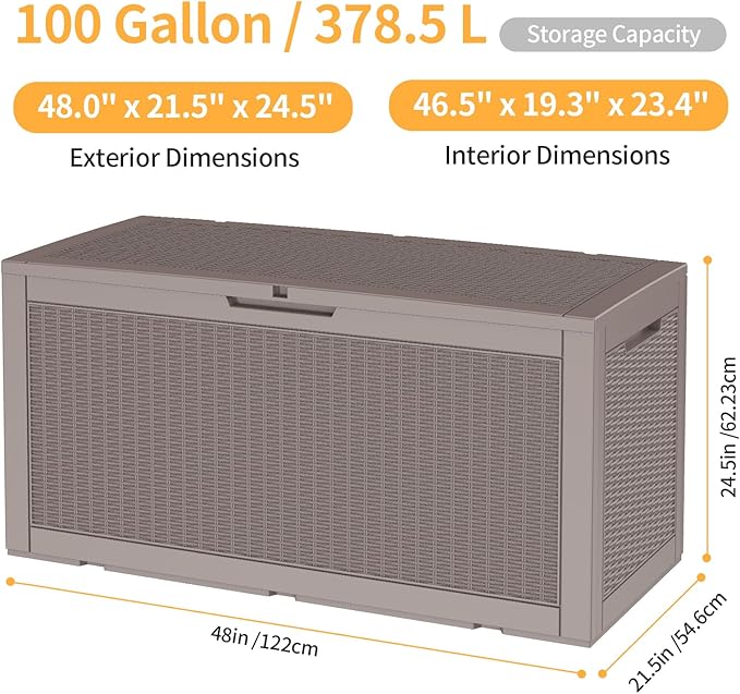 DRATO 100 Gallon Large Deck Box, Outdoor Storage Box for Patio Furniture, Patio Cushions, Gardening Tools, Pool Supplies,660lbs Weight Capacity,Waterproof Resin Storage Boxes(Gray,100 Gallon)