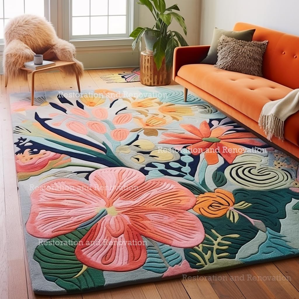 Handmade Wool Floral Area Rug for Living Room | Elegant Flower Garden Design, Soft, Thick and Durable | Bedroom, Dining Room & Home Decor Carpet (10' x 14', Floral D)