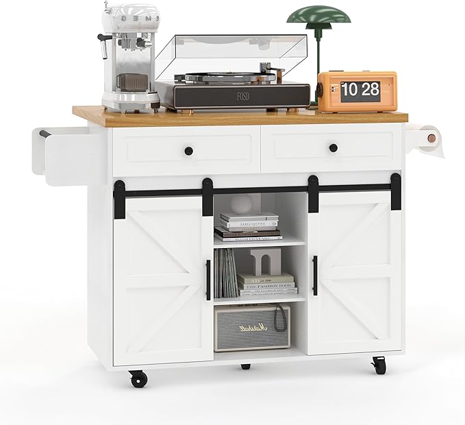 COCO DESIGN Rolling Kitchen Island Cart with Wheels, 54" Portable Trolley Island with Drop Leaf Countertop, Sliding Barn Door, Power Outlet, Spice Rack, Towel Rack and Drawers, Minimalist White