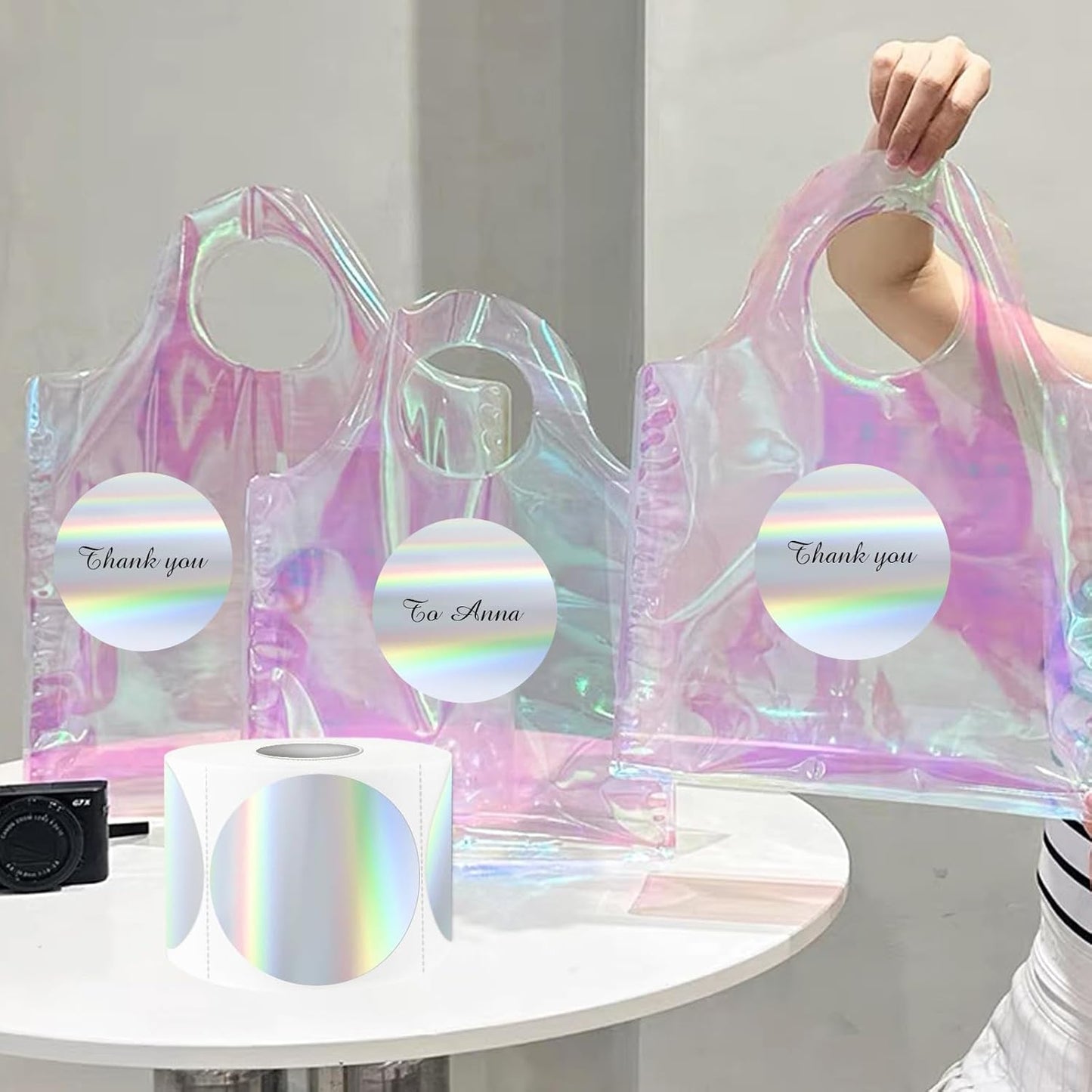 3" Holographic Direct Thermal Label Stickers, Round Printable Rainbow Glitter Thermal Printer Sticker Labels for Gift Wrapping, Self-Adhesive DIY Custom Logo Design- Holographic Silver
