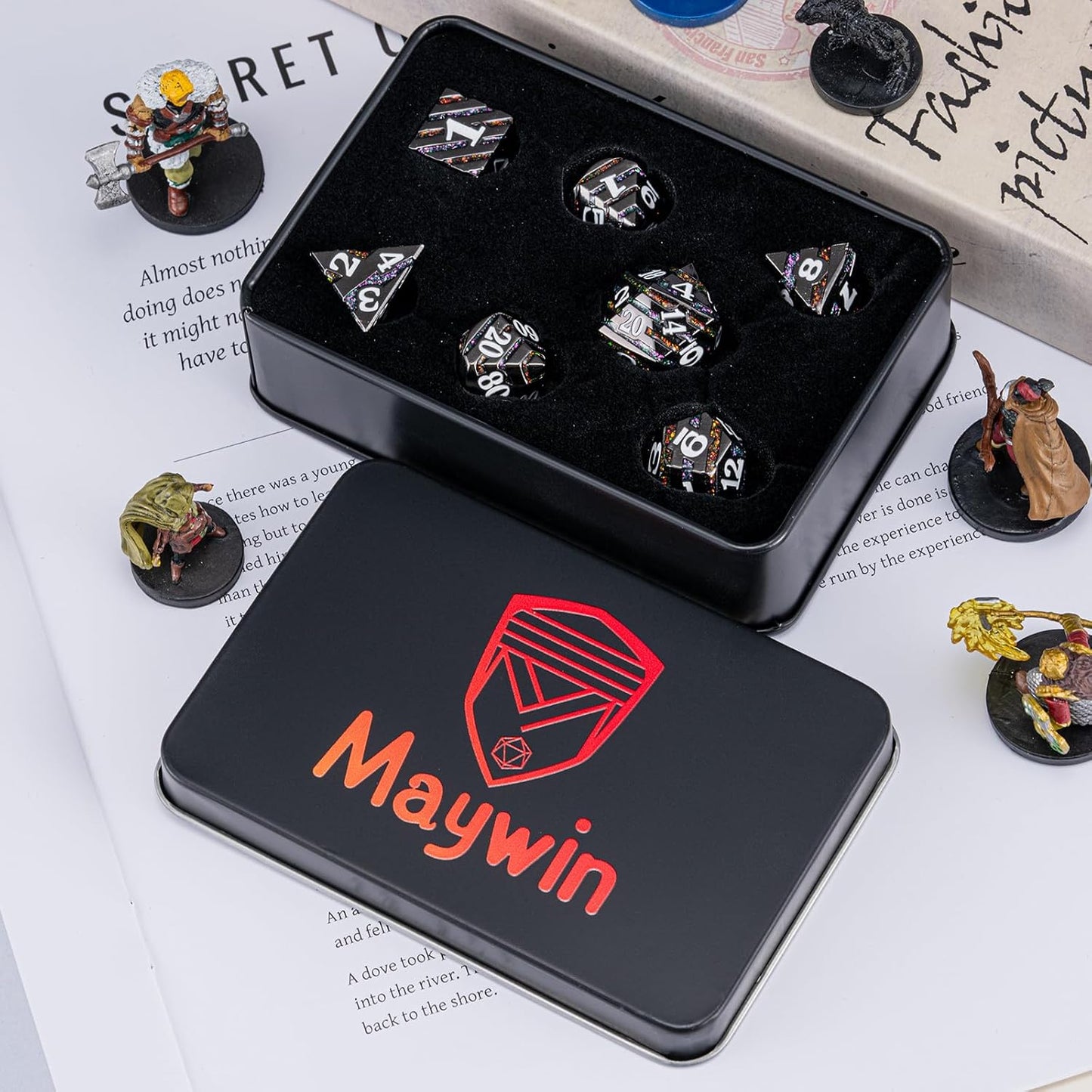 Metal Dice Set DND,Metallic Glitter Stripes D&D Dice Set,7 PCS Polyhedral Dice Set with Gift Case for Dungeons and Dragons Tabletop Game(Black Nickel Bicolor)