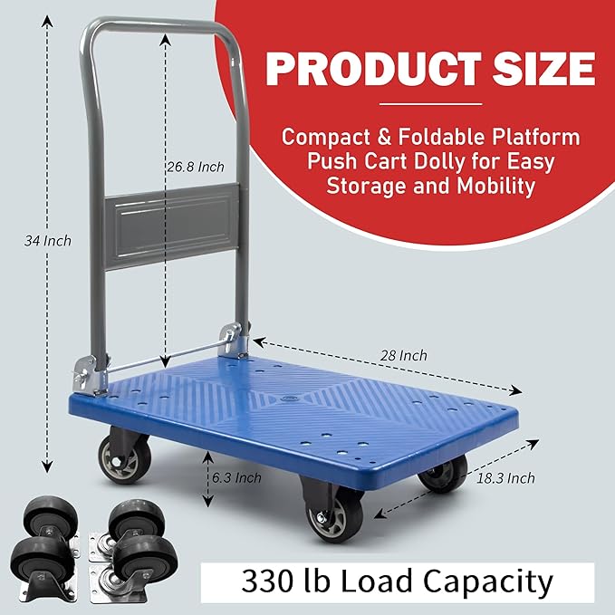 330 lbs Foldable Platform Truck Dolly with Swivel Wheels, Heavy Duty Moving Platform Hand Truck, 28 x 18 x 33.8 inches (PH150PVC)