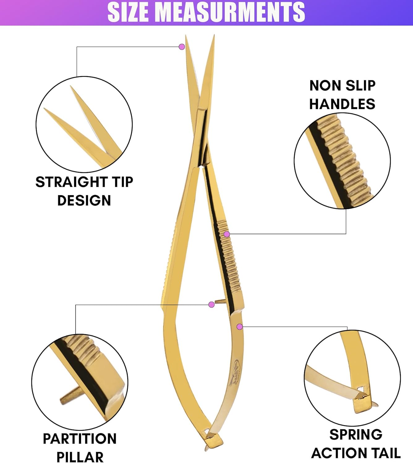 Cross Edge Spring Scissors 5 Inch straight Stainless Steel Precision Eyebrow & Eyelash Shaping & Trimming Scissor, Snips Squeeze, Embroidery, Knitting Micro Tip Craft Scissors (Gold)