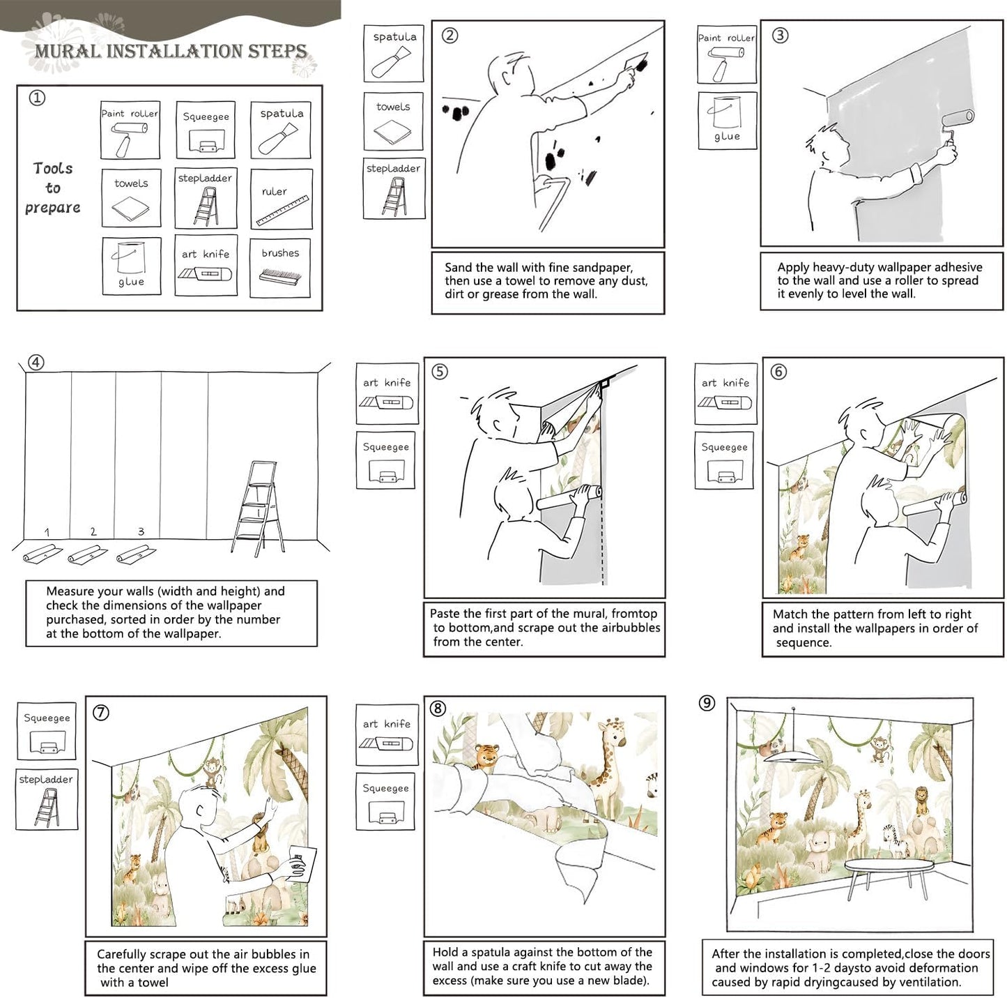 AFZEVEB-Safari Wallpaper Watercolor Animal Nursery Wall murals for Kids Room 114"x74"(Not Peel and Stick)