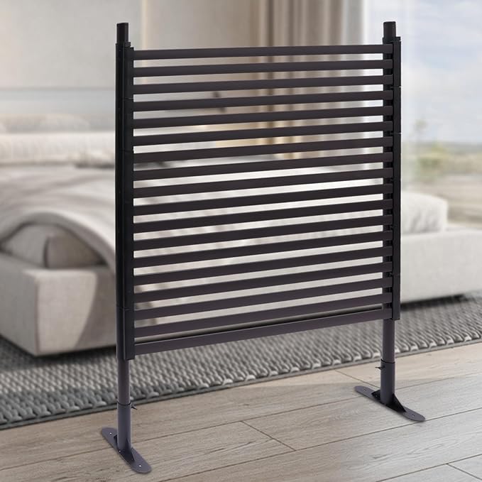 Outdoor Freestanding Privacy Screens, 35.4" W x 47" H Metal Slatted Decorative Panels with Stand, Brown Backyard Privacy Panels for Garden Patio