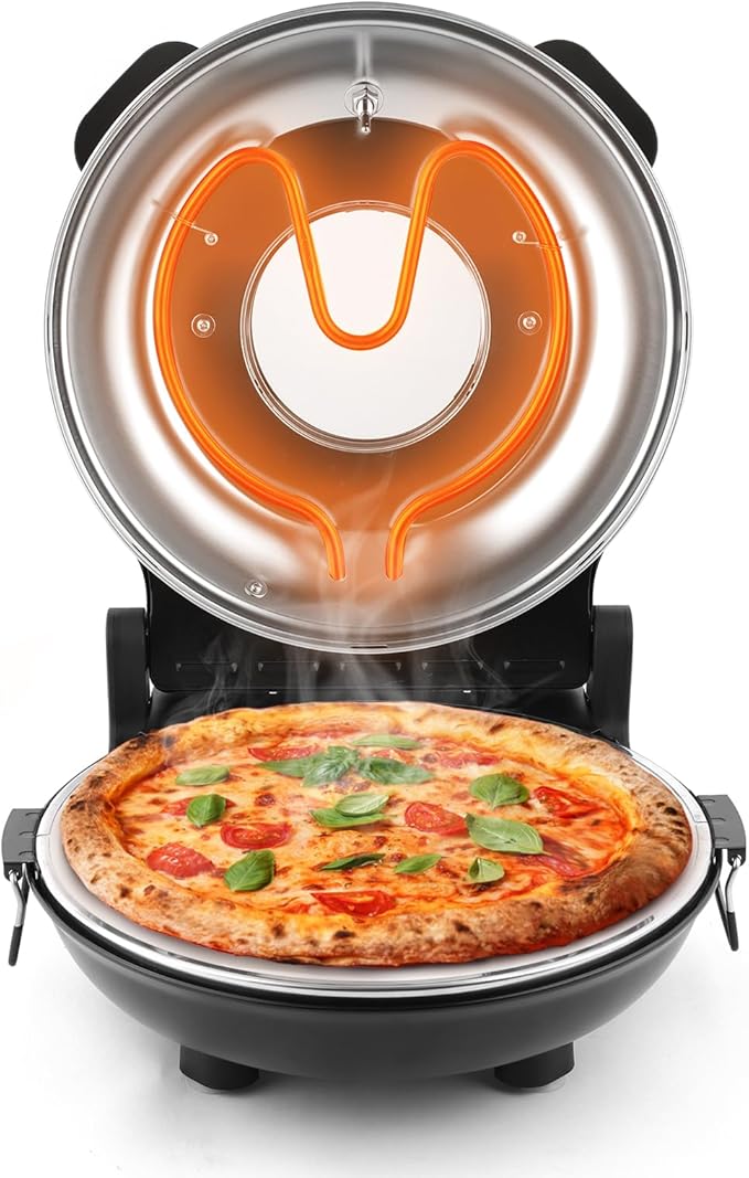 KLAIF 12" Electric Countertop Pizza Oven Indoor With Ceramic Stone, Dual Adjustable Temperature Controls, Includes 4 Pizza Tools, LMR-Black