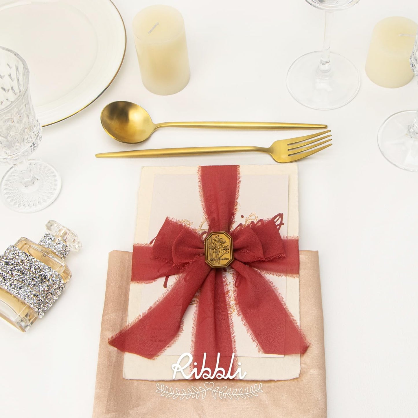 Ribbli Rust Red Chiffon Ribbon 1-1/2 inch x 20 Yard Handmade Fringe Chiffon Silk Ribbon for Wedding Invitations, Bridal Bouquets Wrapping, Flower Arrangement Decoration