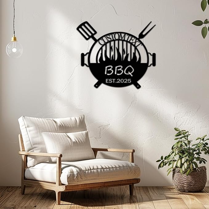 Custom BBQ Metal Sign, Personalized Grill Name Plate with LED Light, 1.2MM Thick Magnetic Installation, Unique Gift for Chefs & Backyard Kitchen Wall Decor (Style A)