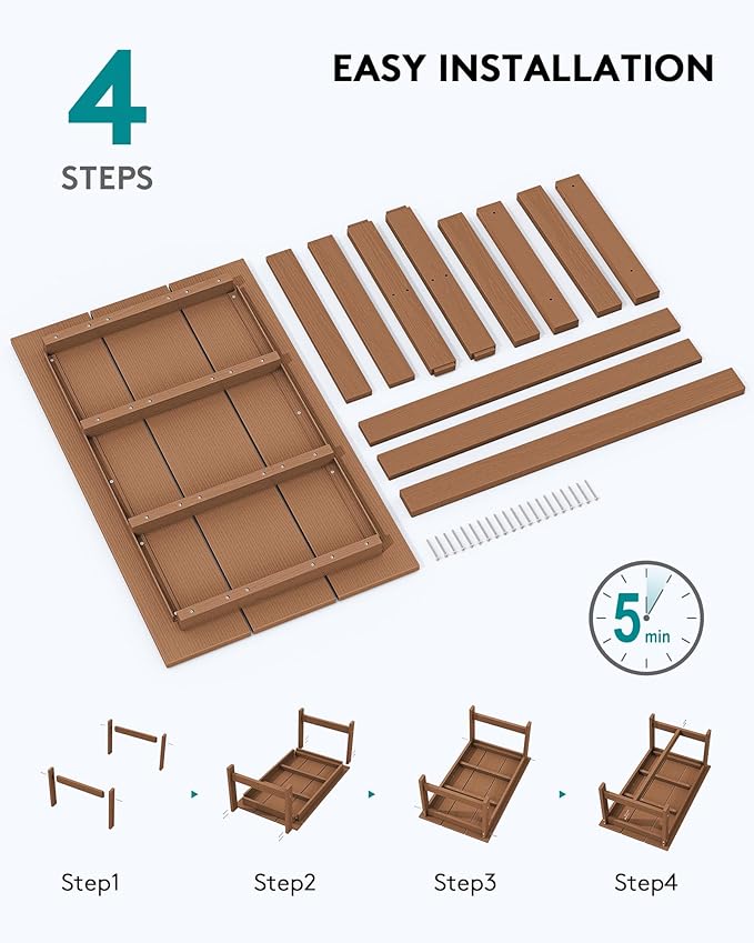 SERWALL HDPE Patio Coffee Table, Rectangle Outdoor Coffee Table, All-Weather Coffee Side Table for Balcony, Poolside, Deck, Garden, Brown