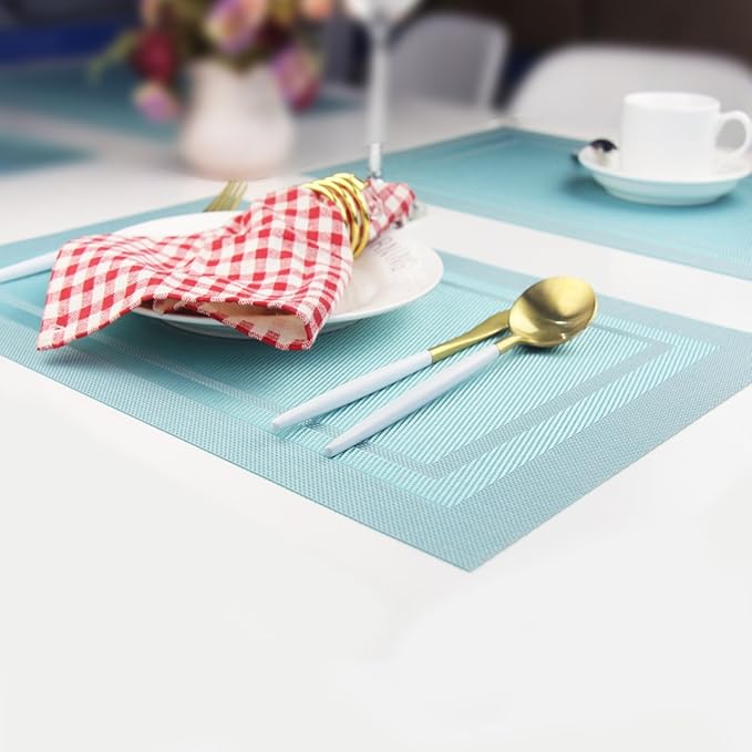 PIGCHCY Heat Insulation Non Slip Plastic Placemats,Washable Easy to Clean Woven Vinyl Kitchen Stain Resistant Placemats for Dining Table Set of 6 (Sky Blue)