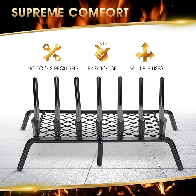 G GOOD GAIN Fireplace Grate 24" with Ember Retainer, Heavy Duty Cast Iron Indoor, Chimney Hearth Wood Stove Burning Rack Holder,1/2” Bar Fire Place Asseccories for Outdoor, Fire Pits, Camping