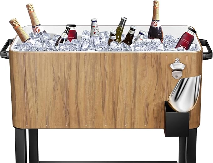 EDOSTORY 80 Quart Rolling Ice Chest Cooler Cart,Patio Backyard Party Drink Beverage Bar Stand Up Cooler Trolley with Ice Scoop