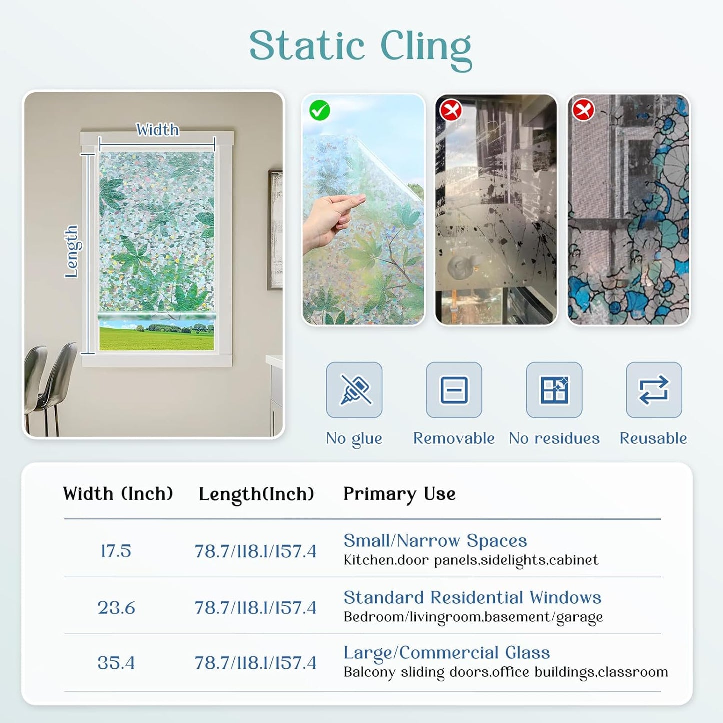 Haton Window Privacy Film, Decorative Stained Glass Window Clings, 3D UV Sun Blocking Sticker, Removable Static Cling Heat Control Tint for Home Door, Leaf Rainbow, 17.5" x 157.4" Non-Adhesive