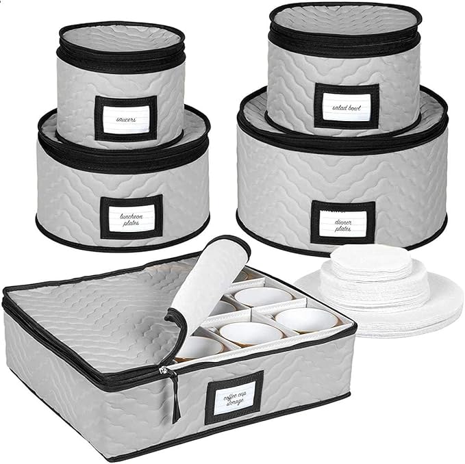 China Storage Containers 5-Piece Set Moving Boxes for Dinnerware, Glasses, Plates, Mugs and Saucers Sturdy Quilted Microfiber Dish Organizer with Dividers for Seasonal Storage - Holds Set of 12, Gray