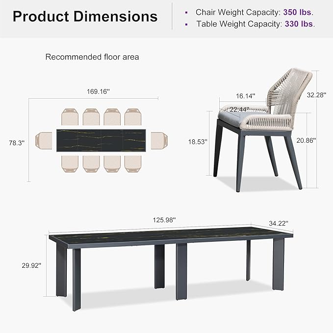 PURPLE LEAF 11 Pieces Patio Dining Set Aluminum Rectangular Table and Wicker Chairs with Cushions for Kitchen Porch Garden Modern Outdoor Furniture Sets, Dark Grey