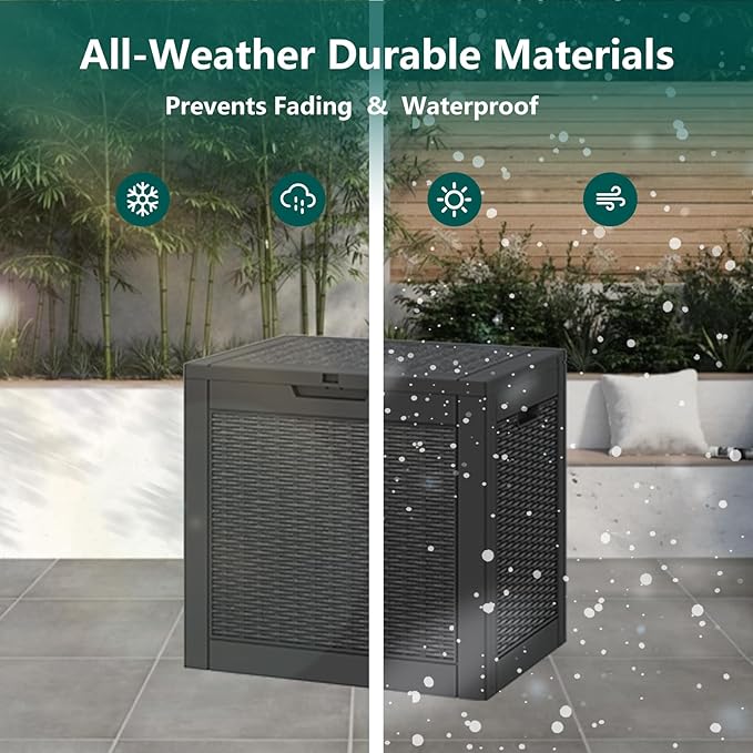 31 Gallon Outdoor Storage Deck Box Waterproof,Garden Tool,Backyard Cushion,Poolside Storage,Small Delivery Boxes for Outside,Lockable Lid,Rattan Black