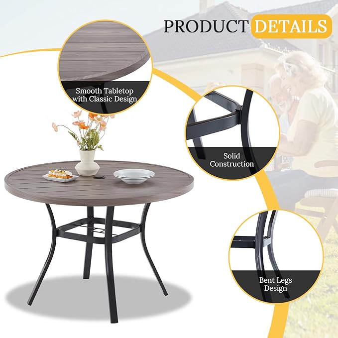 VICLLAX Round Patio Table with Adjustable Umbrella Hole, All Weather Outdoor Round Dining Table for Lawn Garden, 41.2"x 28" Grey Wood-Like Outdoor Coffee Table