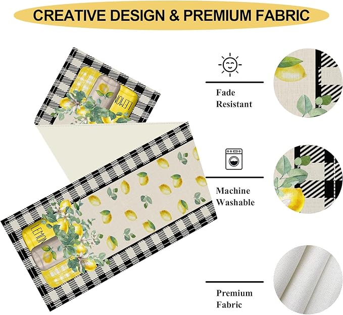 Lemon Table Runner, Farmhouse Black Buffalo Plaid Seasonal Summer Spring Fruits Lemon Coffee Table Center Decor for Home Kitchen Dining Party Patio Indoor Outdoor Table Decorations, 13"x108" Inch