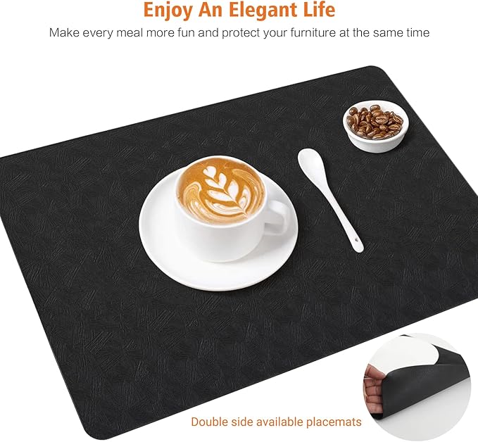 Vinyl Placemats Set of 4 Heat Resistant Easy Clean Non-Slip Place Mats for Dining Table. Faux Leather Waterproof Stain Resistant Wipeable Washable PU Table Mats(4, Black)