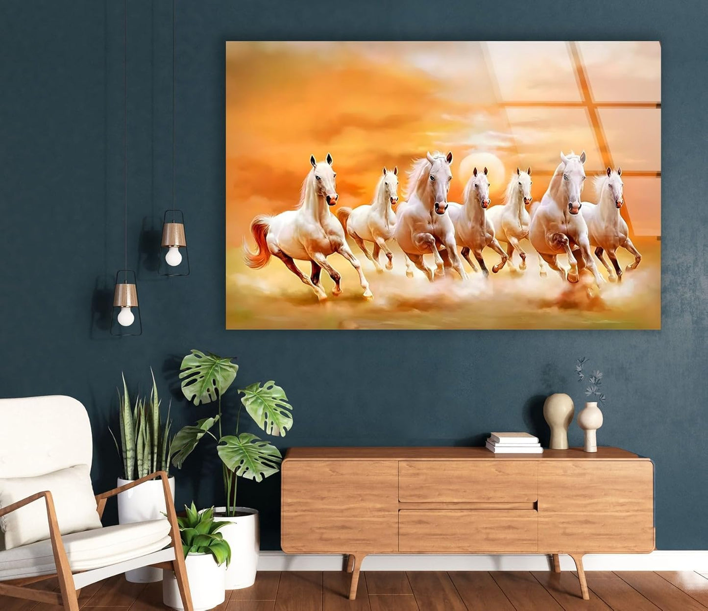 My Photostation.com 20Wx14H'' White Horses Running on Sunset Glass Wall ArtTempered Glass Printing Wall Decor Large Wall Art Wall Hangings