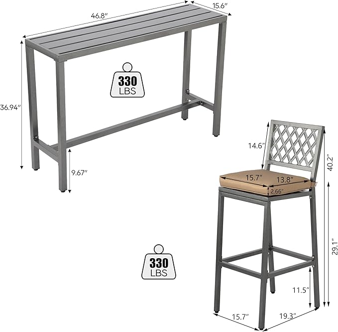 Outdoor Patio Bar Set, Bar Height Patio Dining Set, Weather-Resistant Bistro Counter Pub Set with Cushions & Slatted Tabletop for Backyard, Garden, Yard (47" Table, 2 "X Style Stool, Gray)