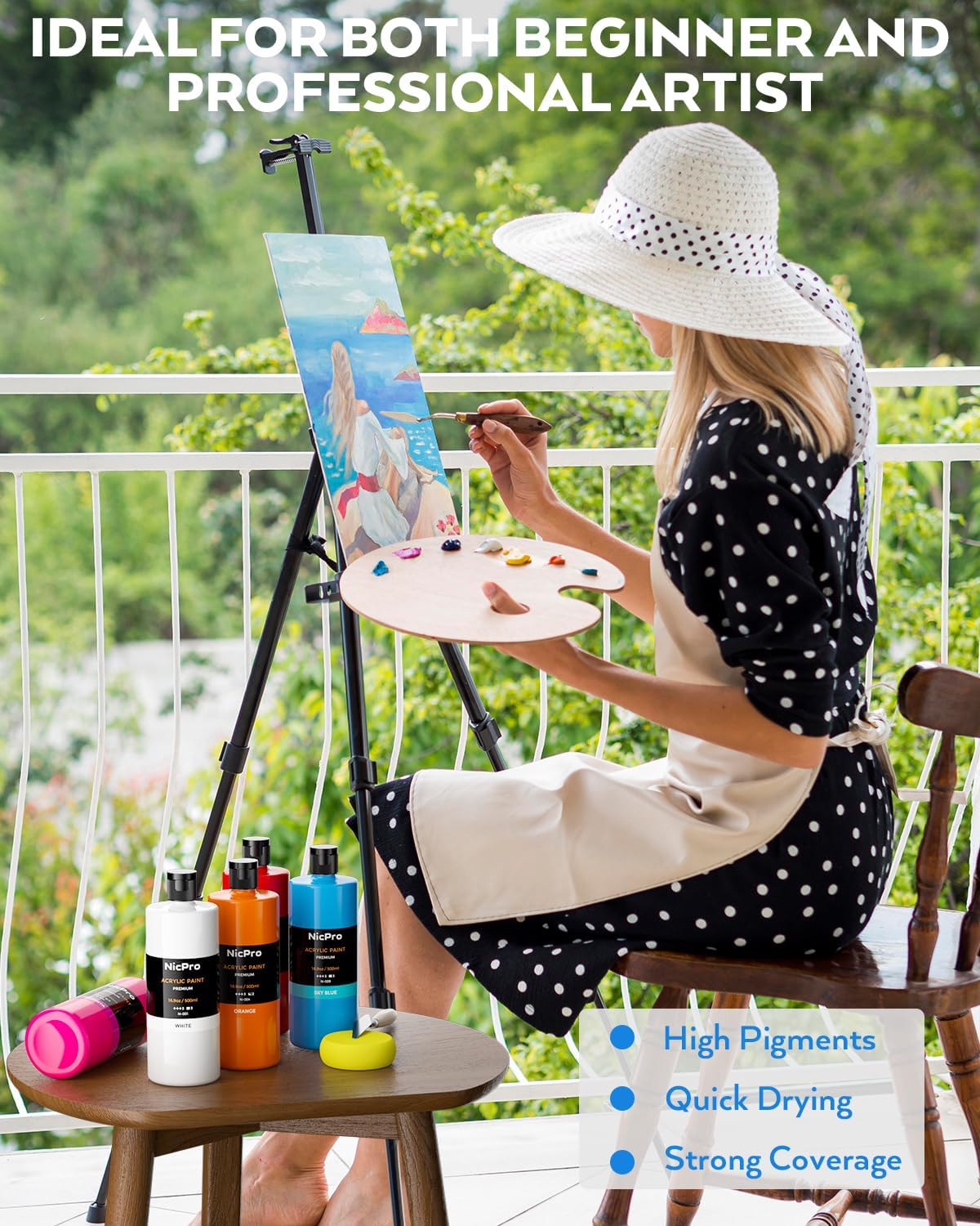 Nicpro 24 Colors Large Bulk Acrylic Paint Set (16.9 oz/500 ml), Rich Pigments Non Toxic, Bulk Painting Supplies for Artist Beginners on Canvas, Wood, Rock, Glass, Ceramic, Crafts with Color Wheel