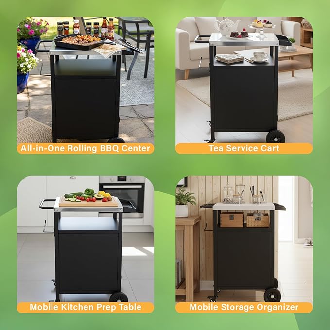 VINGLI Outdoor Grill Table Cart with Cabinet, Stainless Steel Movable Kitchen Island with Large Storage Cabinet, Multifunction Food Prep Table with Bottle Opener and Seasoning Tray, for Patio, Home