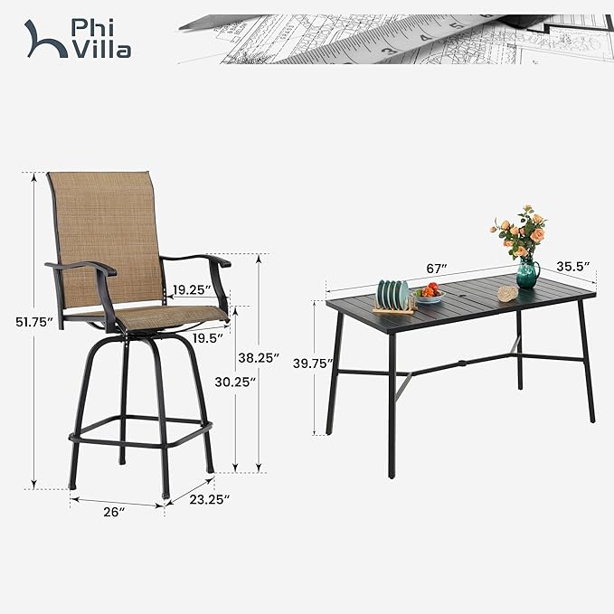 PHI VILLA 7 Piece High Patio Bar Dining Set, Bar Height Outdoor Table and Chairs Patio Furniture Set with 6 Patio Swivel Bar Stools & 40" Table for Garden, Yard and Terrace