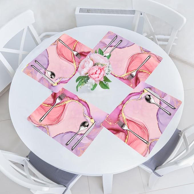 Marble Pink Placemats Set of 4 - Faux Leather Heat Resistant Placemats for Dinner Table, Non-Slip Waterproof Oil-Proof Washable Reusable Placemat for Indoor Outdoor Kitchen Decor, 15.75In*11.81In
