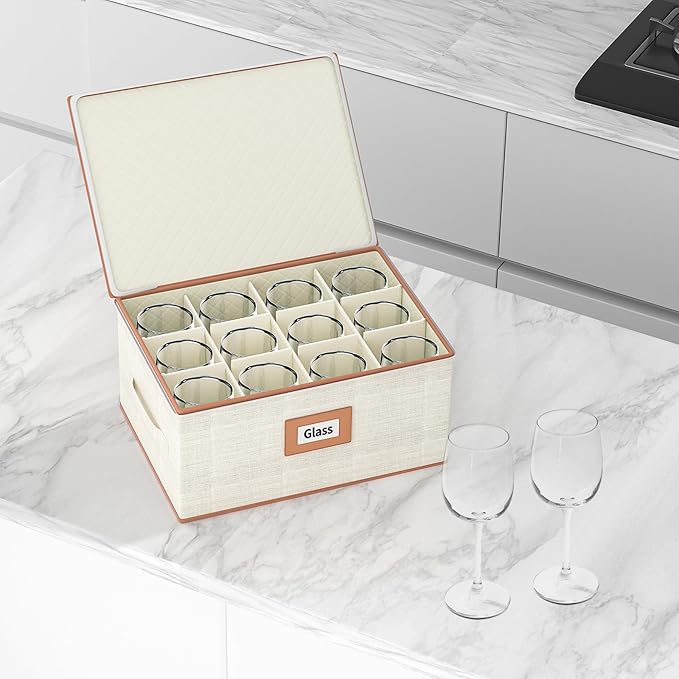 Aokeyee Wine Glass Storage Box Containers with Dividers - 2 Pack Stemware Storage Cases for 24 Crystal Glasses, Drinkware, Hard Shell for Moving & Protection(17'' x 12.8'' x 10.25'', Ivory)