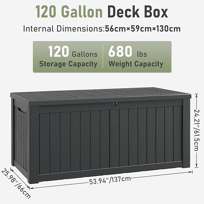 120 Gallon Outdoor Storage Box, Resin Deck Boxes Outdoor Waterproof For Patio Furniture, Garden Tools, Pool Supplies, Lockable And UV Resistant