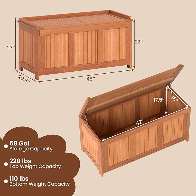 HAPPYGRILL Outdoor Wood Deck Box with Flip Top, Patio Storage Bench for Garden, Poolside, Backyard, 58 Gallon