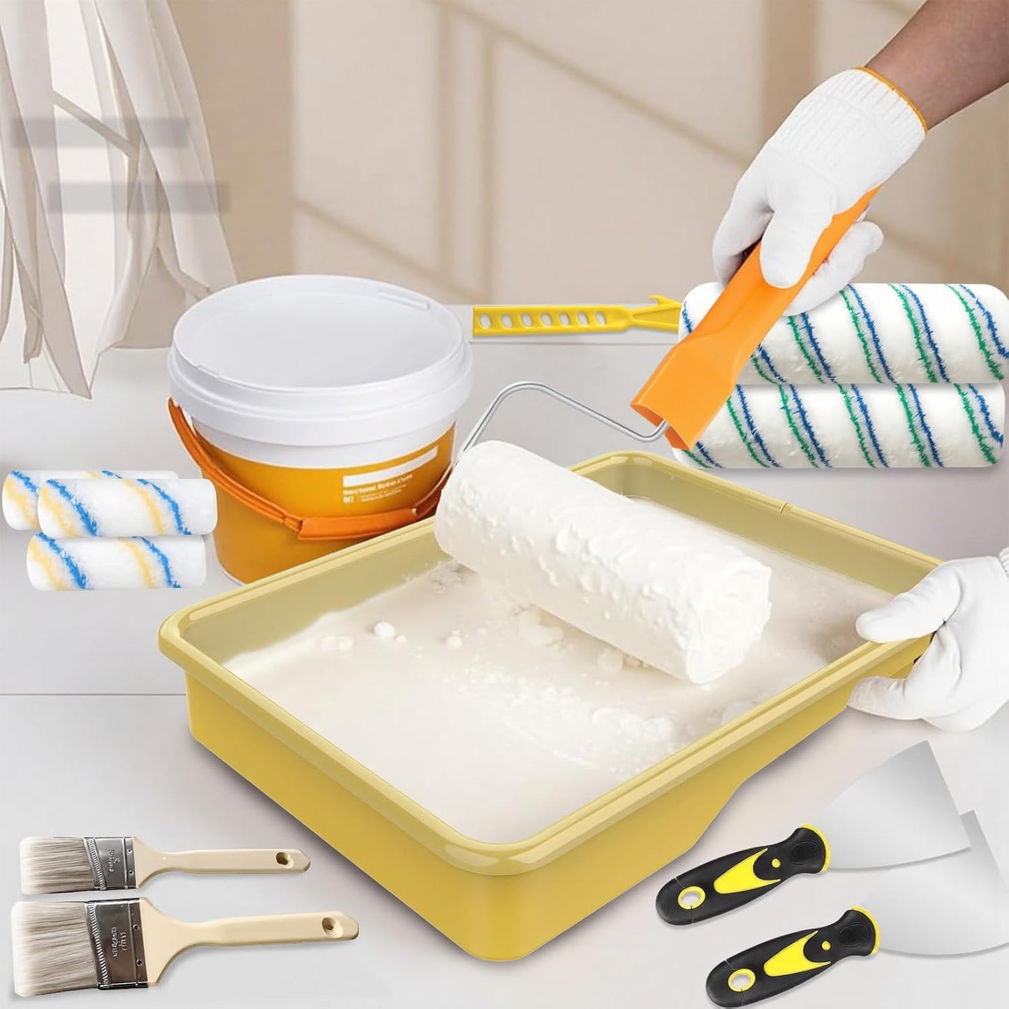 Paint Roller Kit with Extension Pole, Paint Brushes Set for Walls, Painting Supplies for Home Interior with Paint Brush, Paint Rollers, Paint Tray, Paint Tray Liner, Scraper etc.